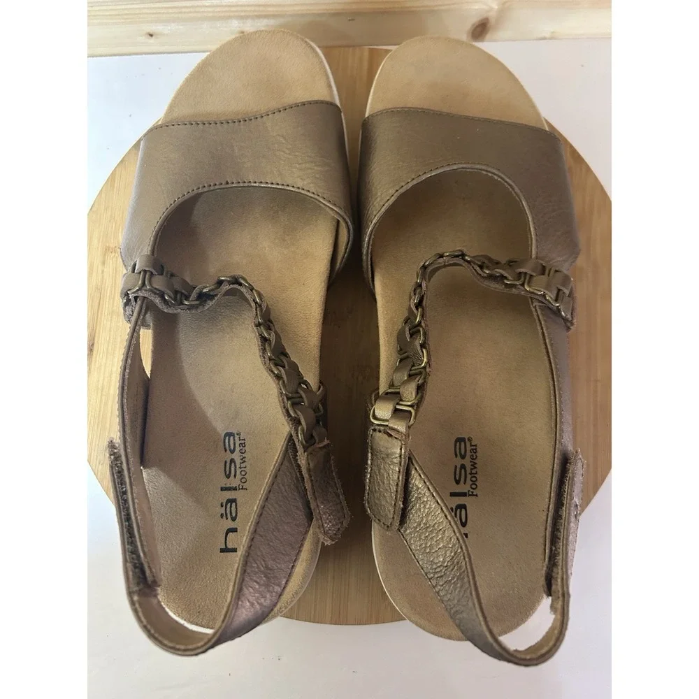 Halsa Sandals Womans‎ Bronze Sz 9.5M Ankle Strap Destiny Shoes Flats EUC